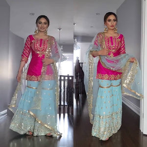 Rani Pink Embroidered Faux Georgette Sharara Set with Net Dupatta