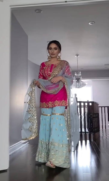 Rani Pink Embroidered Faux Georgette Sharara Set with Net Dupatta