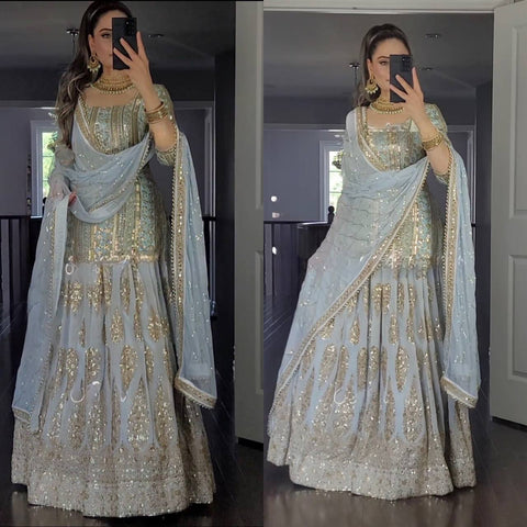 Sky Blue Embroidered Lehenga Set with Dupatta