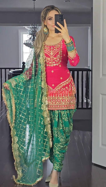 Rani Pink & Green Embroidered Dhoti Suit for Women – Festive & Wedding Wear