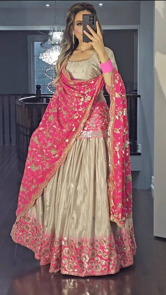 Blush Elegance Golden Lehenga Suit with Vibrant Pink Dupatta