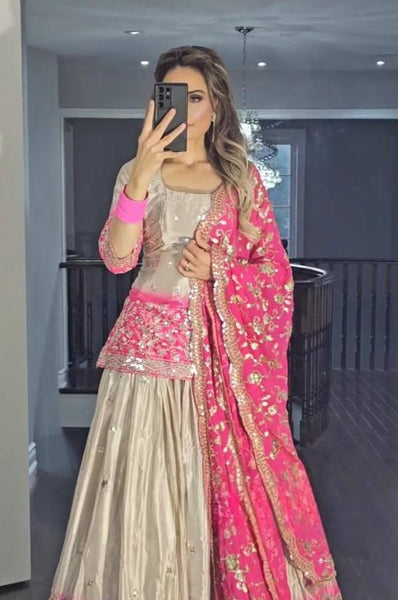 Blush Elegance Golden Lehenga Suit with Vibrant Pink Dupatta