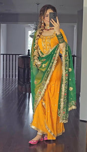 Vibrant Mustard Yellow and Green Embroidered Dhoti Suit for Women