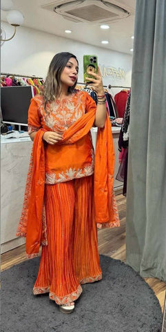 Orange Pure Heavy Chinnon Silk Embroidered Sharara Suit