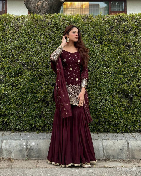 Maroon Heavy Shinon Silk Party Wear Sharara Suit - Complete Set