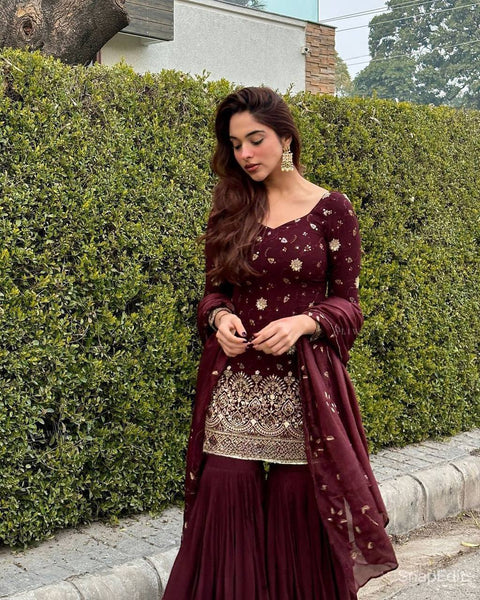 Maroon Heavy Shinon Silk Party Wear Sharara Suit - Complete Set