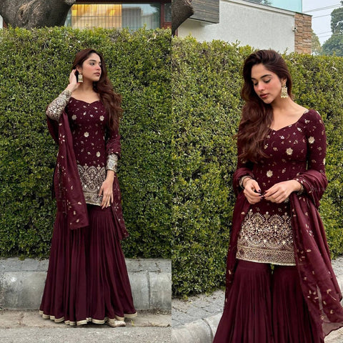 Maroon Heavy Shinon Silk Party Wear Sharara Suit - Complete Set