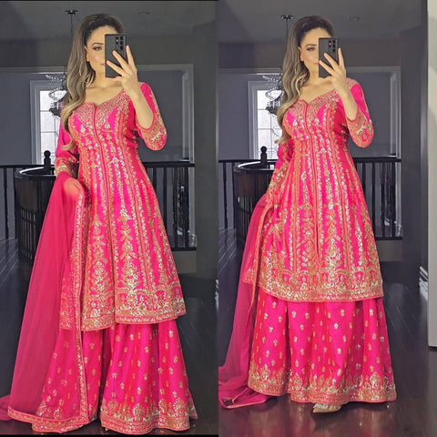 Pink Embroidered Long Top Sharara Suit Set