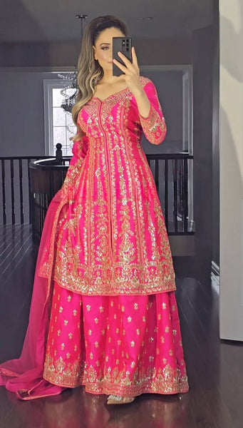 Pink Embroidered Long Top Sharara Suit Set