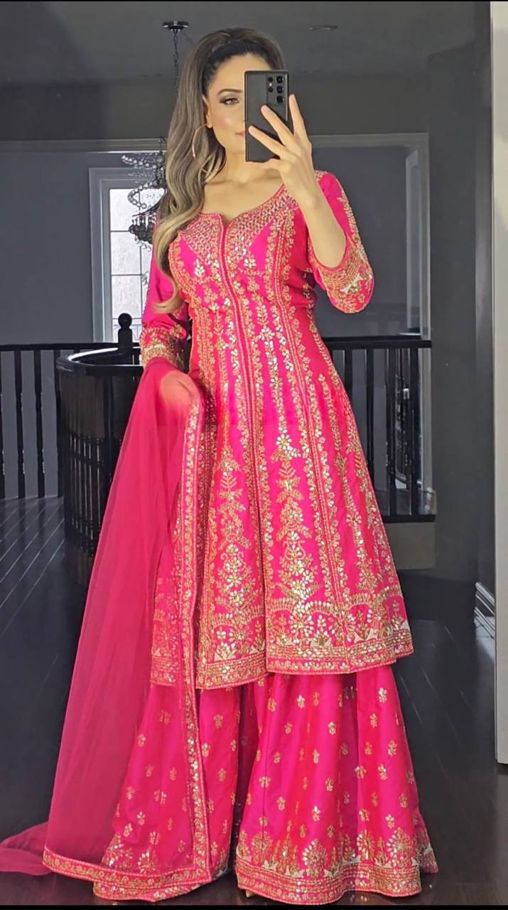 Pink Embroidered Long Top Sharara Suit Set