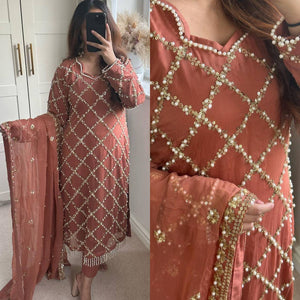 Brown Checked Salwar Suit with Embroidered Dupatta - Breathable Muslin Ensemble
