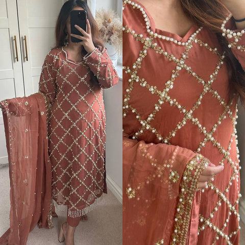 Brown Checked Salwar Suit with Embroidered Dupatta - Breathable Muslin Ensemble