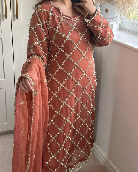 Brown Checked Salwar Suit with Embroidered Dupatta - Breathable Muslin Ensemble