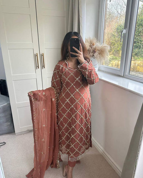 Brown Checked Salwar Suit with Embroidered Dupatta - Breathable Muslin Ensemble