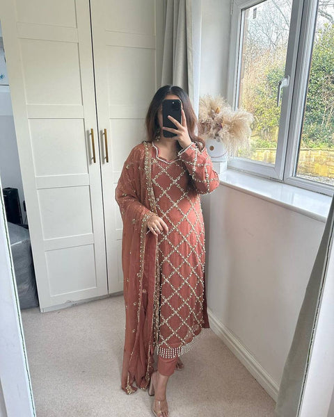 Brown Checked Salwar Suit with Embroidered Dupatta - Breathable Muslin Ensemble