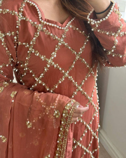 Brown Checked Salwar Suit with Embroidered Dupatta - Breathable Muslin Ensemble
