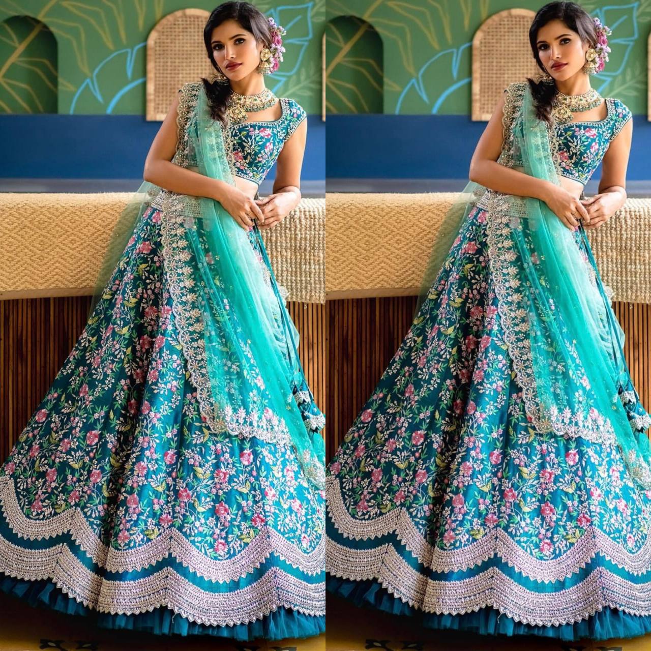 Stunning Aqua Blue Embroidered Silk Lehenga Choli for Party Wear