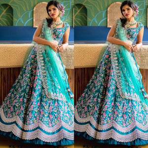 Stunning Aqua Blue Embroidered Silk Lehenga Choli for Party Wear