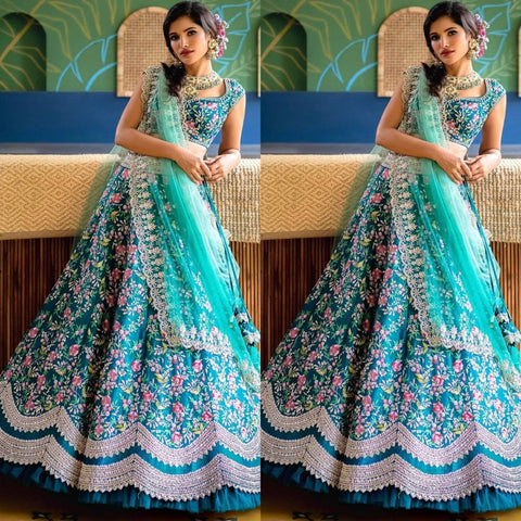 Stunning Aqua Blue Embroidered Silk Lehenga Choli for Party Wear