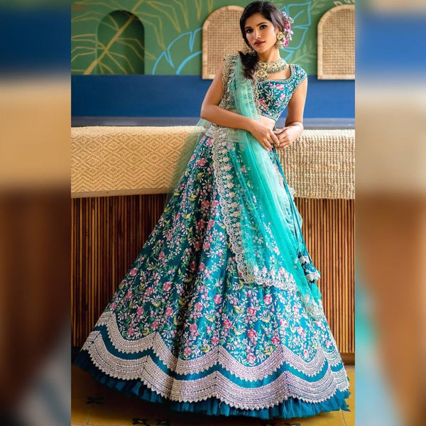 Stunning Aqua Blue Embroidered Silk Lehenga Choli for Party Wear
