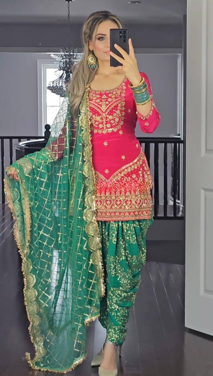 Elegant Pink and Green Embroidered Dhoti Patiyala Top with Matching Dupatta