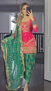 Elegant Pink and Green Embroidered Dhoti Patiyala Top with Matching Dupatta