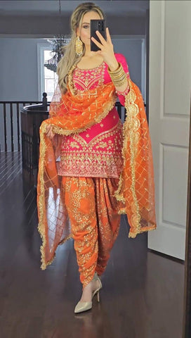 Hot Pink Embroidered Patiala Suit with Net Dupatta
