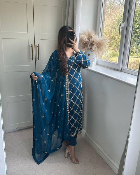 Blue Checked Salwar Suit with Embroidered Dupatta - Timeless Elegance