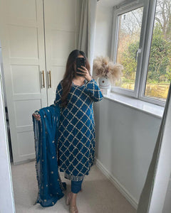 Blue Checked Salwar Suit with Embroidered Dupatta - Timeless Elegance