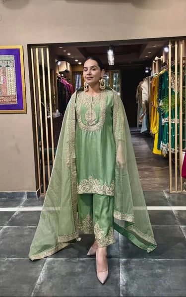 Prisha Embroidered Punjabi Suit Set - Pure Heavy Chinnon Silk