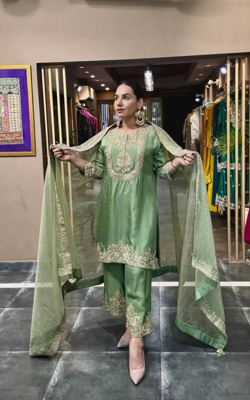 Prisha Embroidered Punjabi Suit Set - Pure Heavy Chinnon Silk
