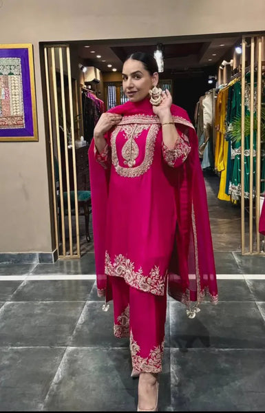 Prisha Embroidered Punjabi Suit Set - Pure Heavy Chinnon Silk