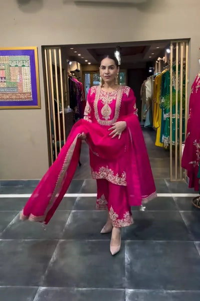 Prisha Embroidered Punjabi Suit Set - Pure Heavy Chinnon Silk