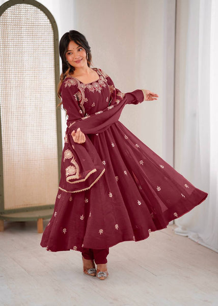Exquisite Maroon Embroidered Anarkali Suit for Elegance