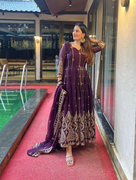 Majestic Purple Embellished Anarkali Suit in Heavy Faux Georgette