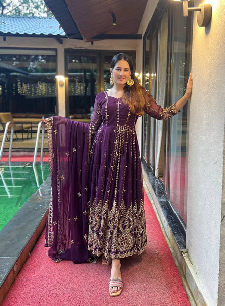 Regal Purple Georgette Anarkali Gown with Mirror & Embroidered Flourishes