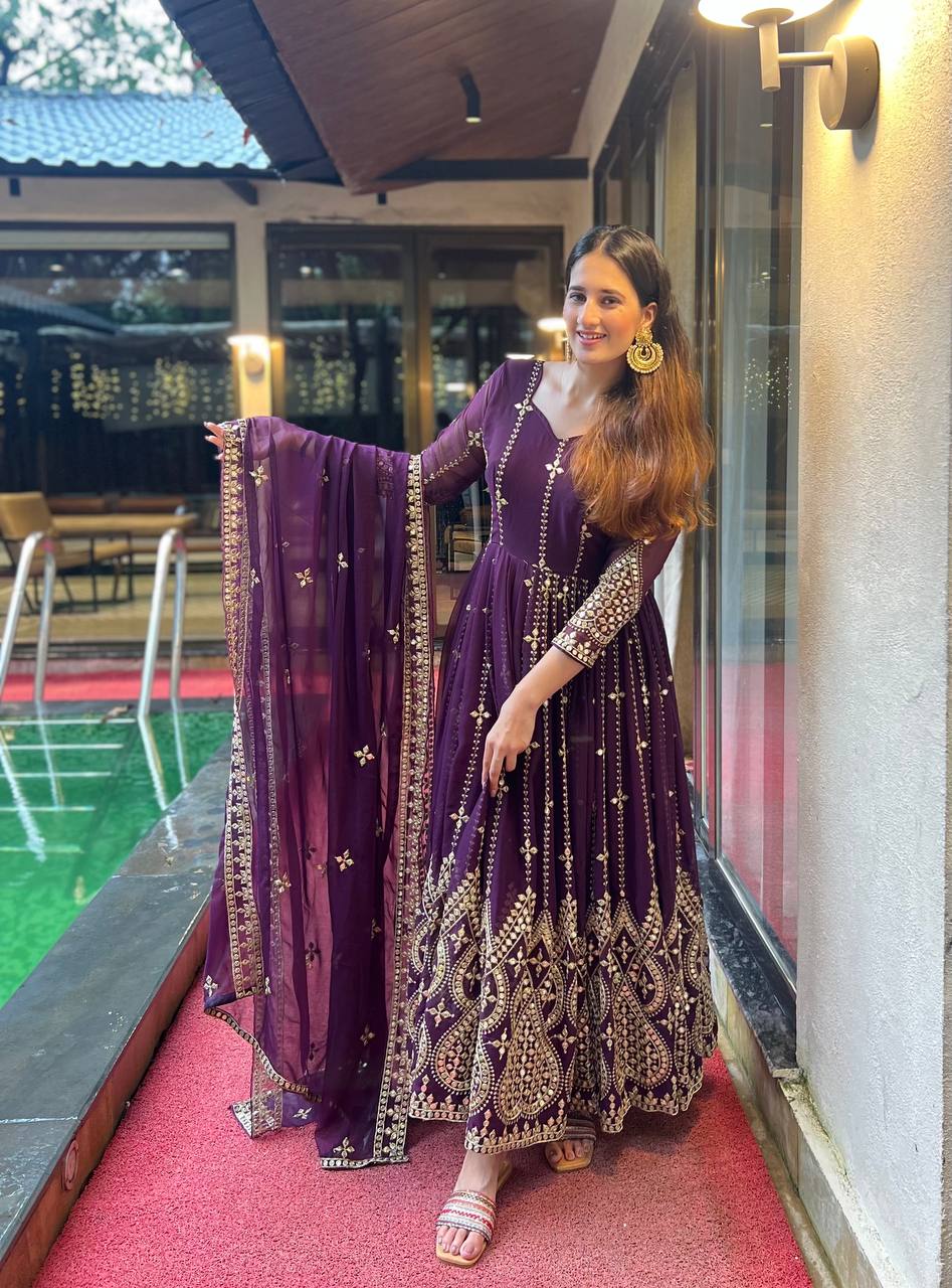 Majestic Purple Embellished Anarkali Suit in Heavy Faux Georgette