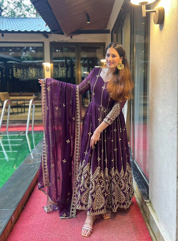 Regal Purple Georgette Anarkali Gown with Mirror & Embroidered Flourishes