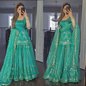 Elegant Sea Green Embroidered Sharara Suit for Women