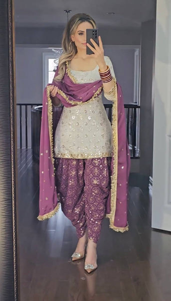 White & Purple Embroidered Dhoti Patiala Suit Set with Dupatta