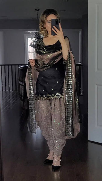 Elegant Black & Taupe Embroidered Patiala Salwar Suit with Dupatta