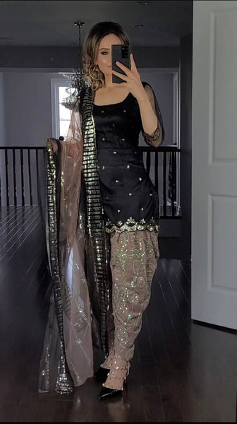 Elegant Black & Taupe Embroidered Patiala Salwar Suit with Dupatta